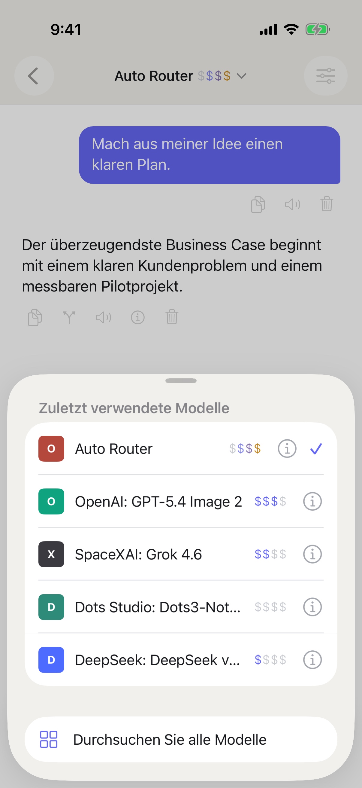 Auswahl zuletzt verwendeter Modelle in RouterChat auf dem iPhone