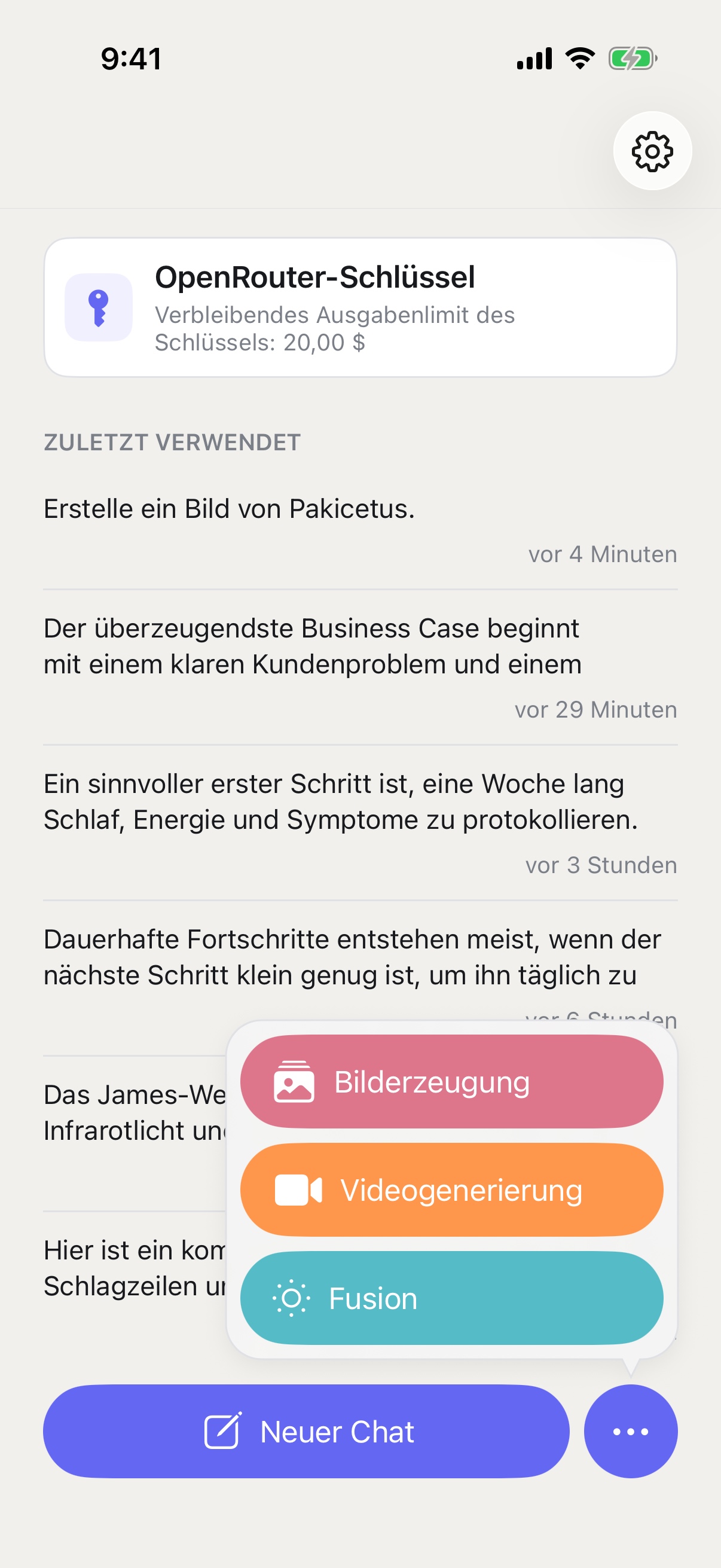 Menü „Neuer Chat“ in RouterChat mit Bildgenerierung, Videogenerierung und Fusion auf dem iPhone