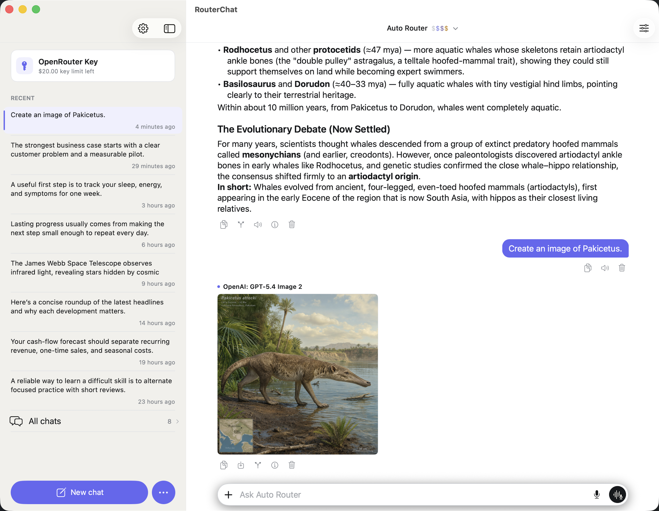 RouterChat conversation on Mac with recent chats and a generated image