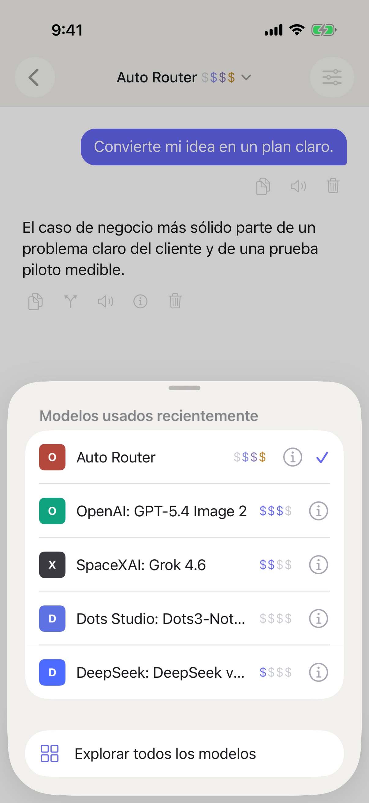 Selector de modelos recientes de RouterChat en el iPhone