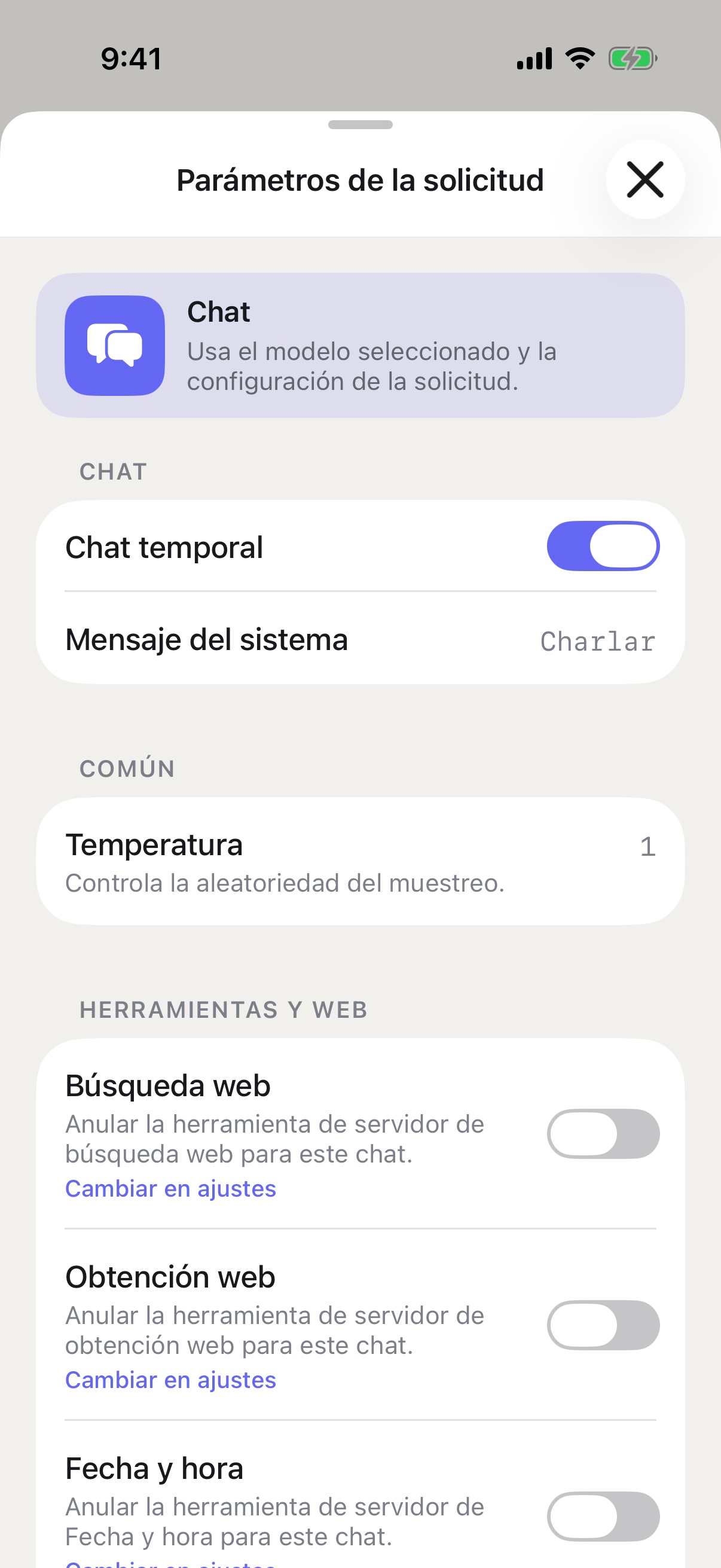 Parámetros de solicitud de RouterChat en el iPhone con Chat temporal activado