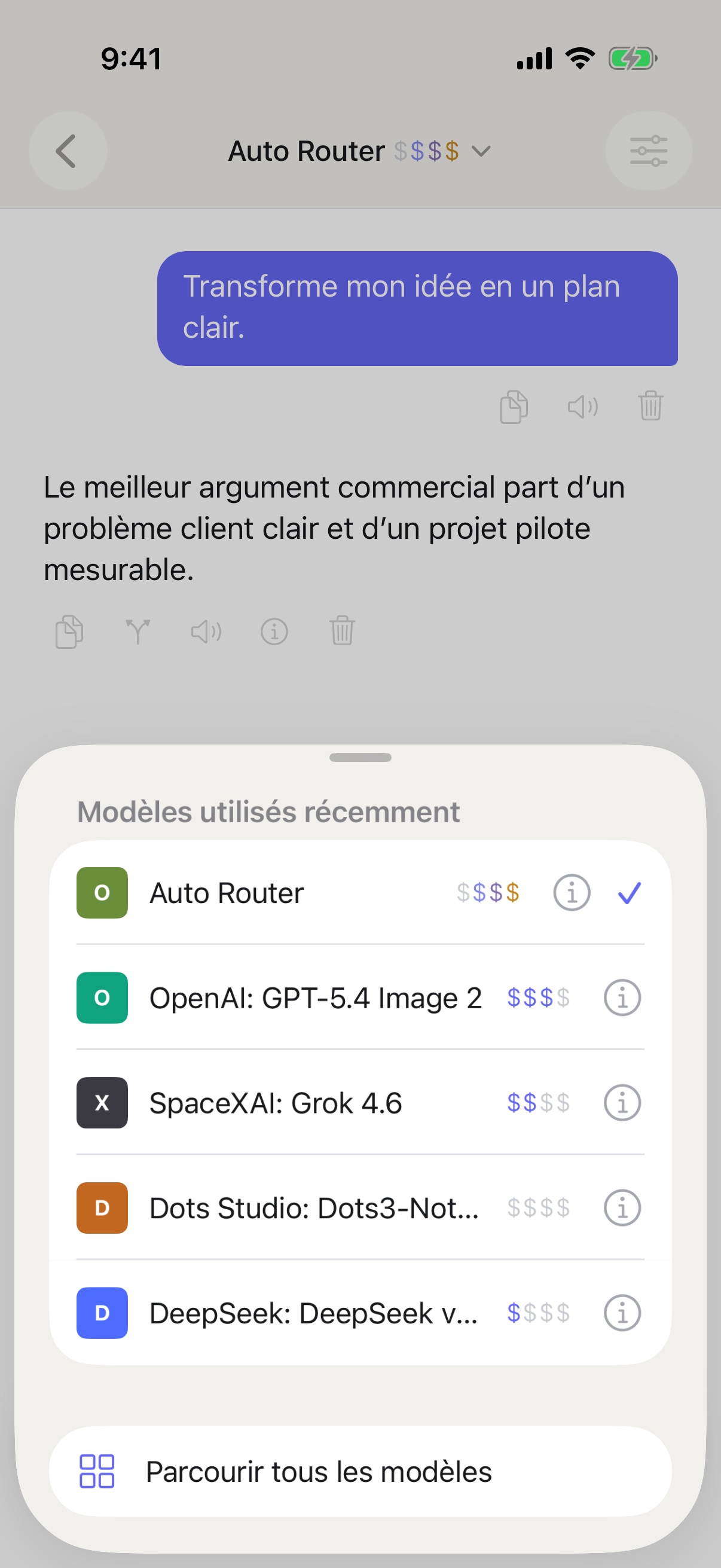 Sélecteur de modèles récents de RouterChat sur iPhone