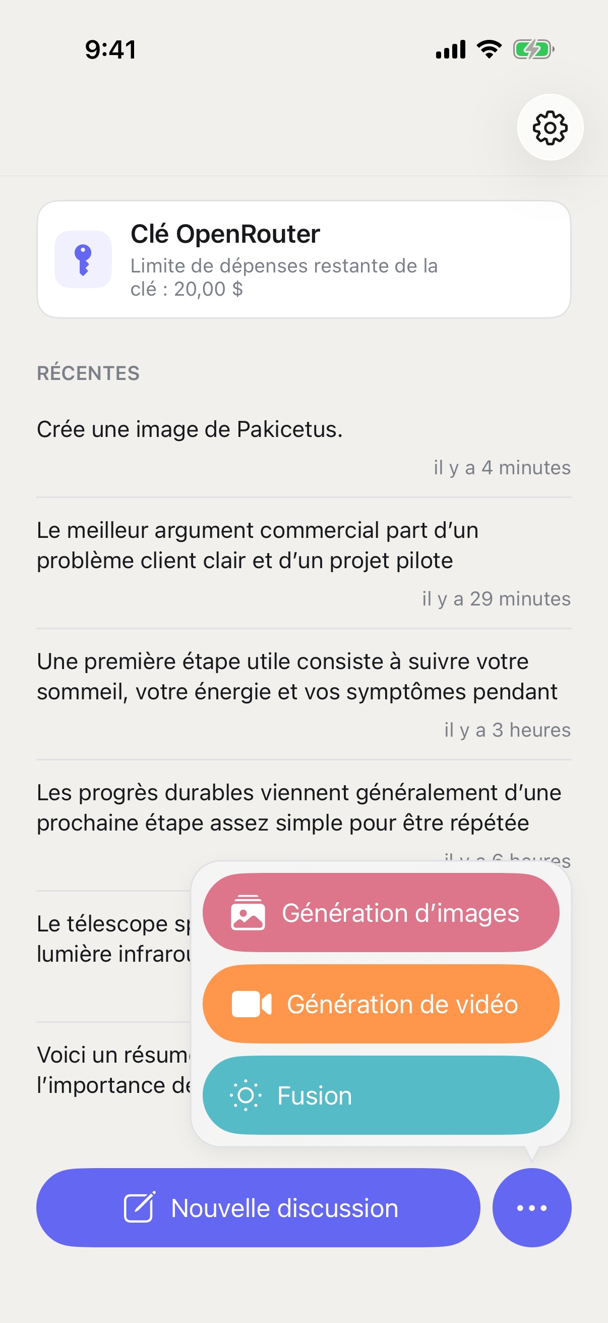 Menu « Nouveau chat » de RouterChat affichant les modes de génération d’images, de génération de vidéos et Fusion sur iPhone