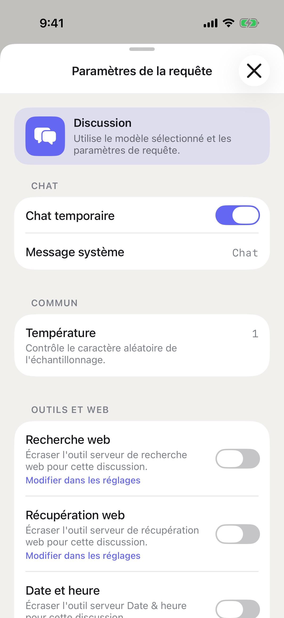 Paramètres de requête de RouterChat sur iPhone avec Chat temporaire activé