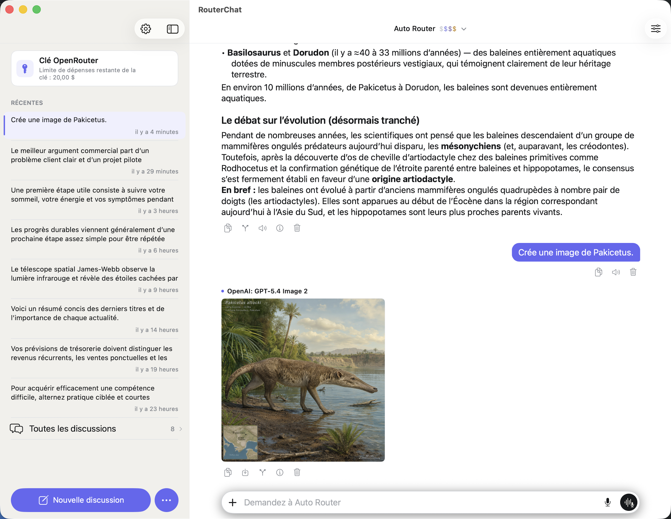 Conversation RouterChat sur Mac avec les chats récents et une image générée