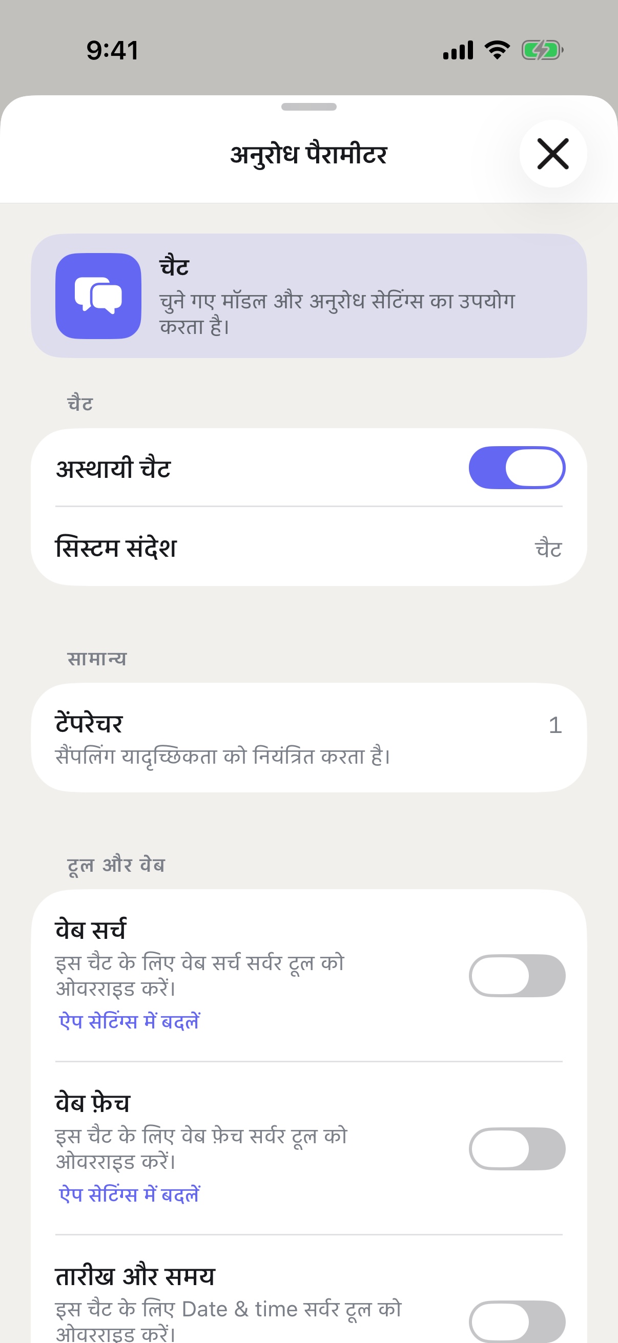 iPhone पर RouterChat के अनुरोध पैरामीटर, अस्थायी चैट चालू होने के साथ