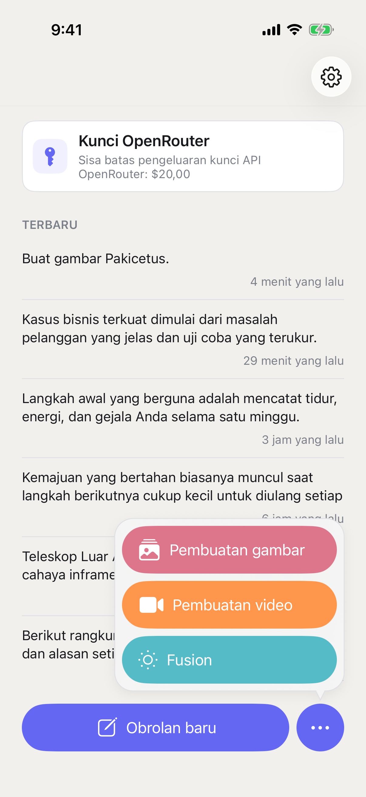 Menu Chat Baru RouterChat yang menampilkan mode Pembuatan Gambar, Pembuatan Video, dan Fusion di iPhone