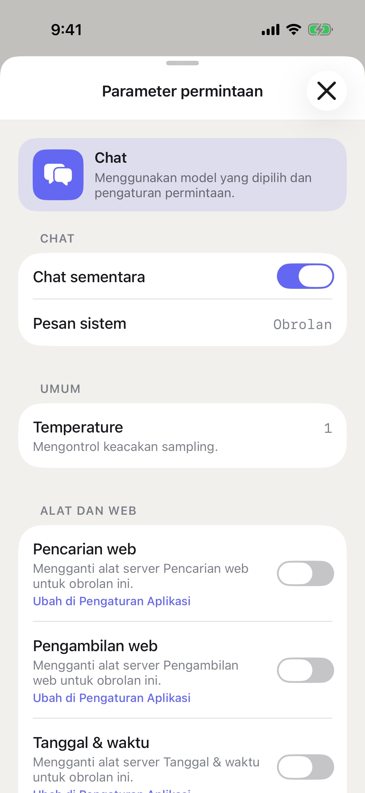 Parameter permintaan RouterChat di iPhone dengan Chat Sementara diaktifkan