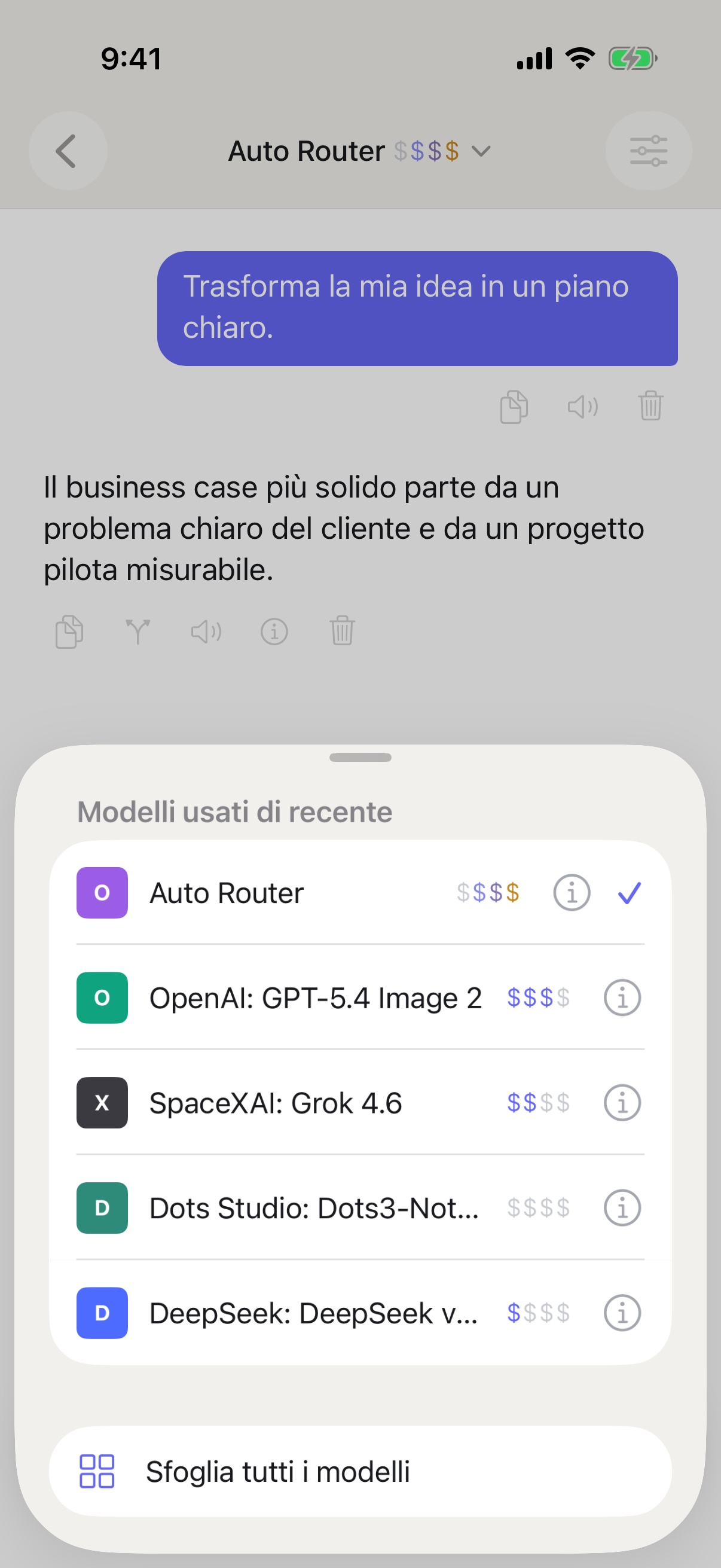 Selettore dei modelli recenti di RouterChat su iPhone