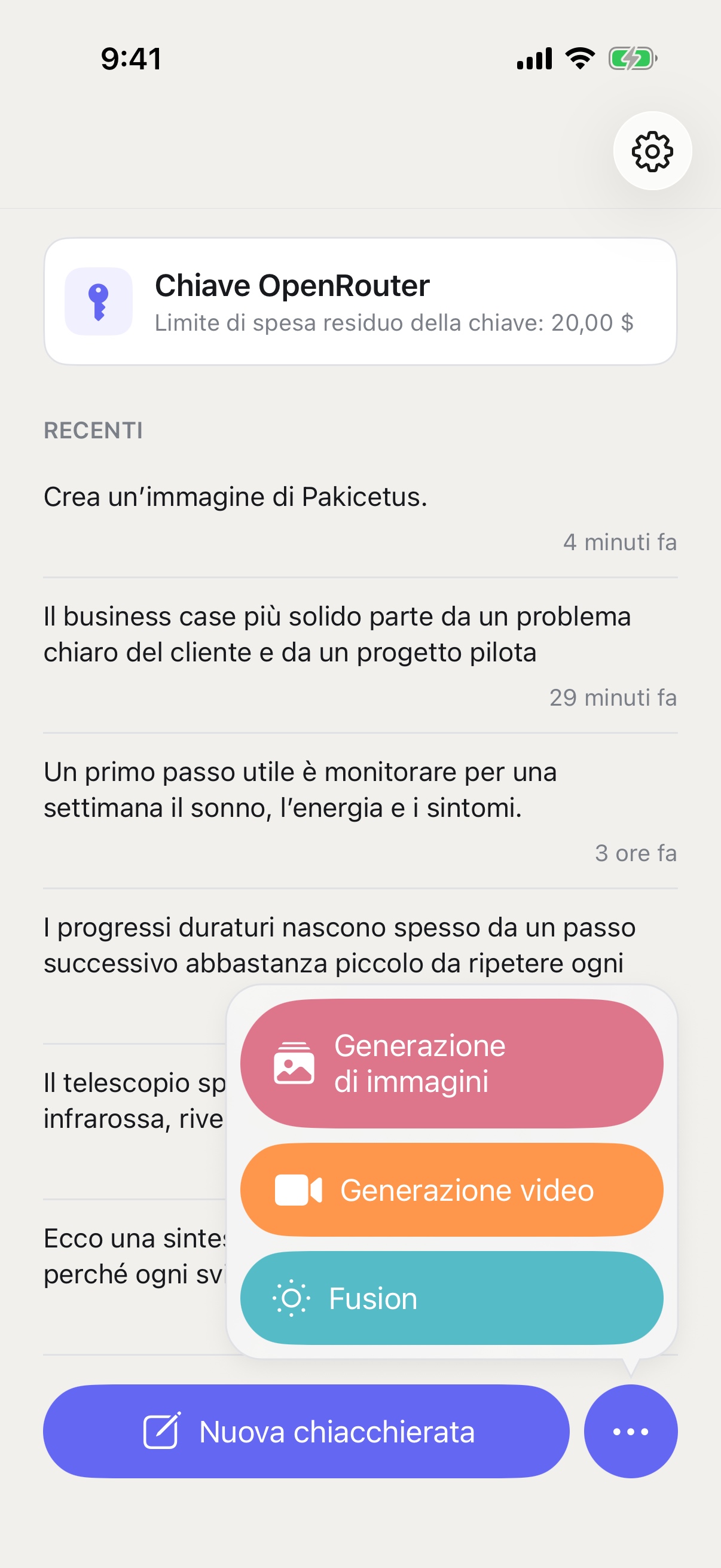 Menu «Nuova chat» di RouterChat con le modalità di generazione di immagini, generazione di video e Fusion su iPhone