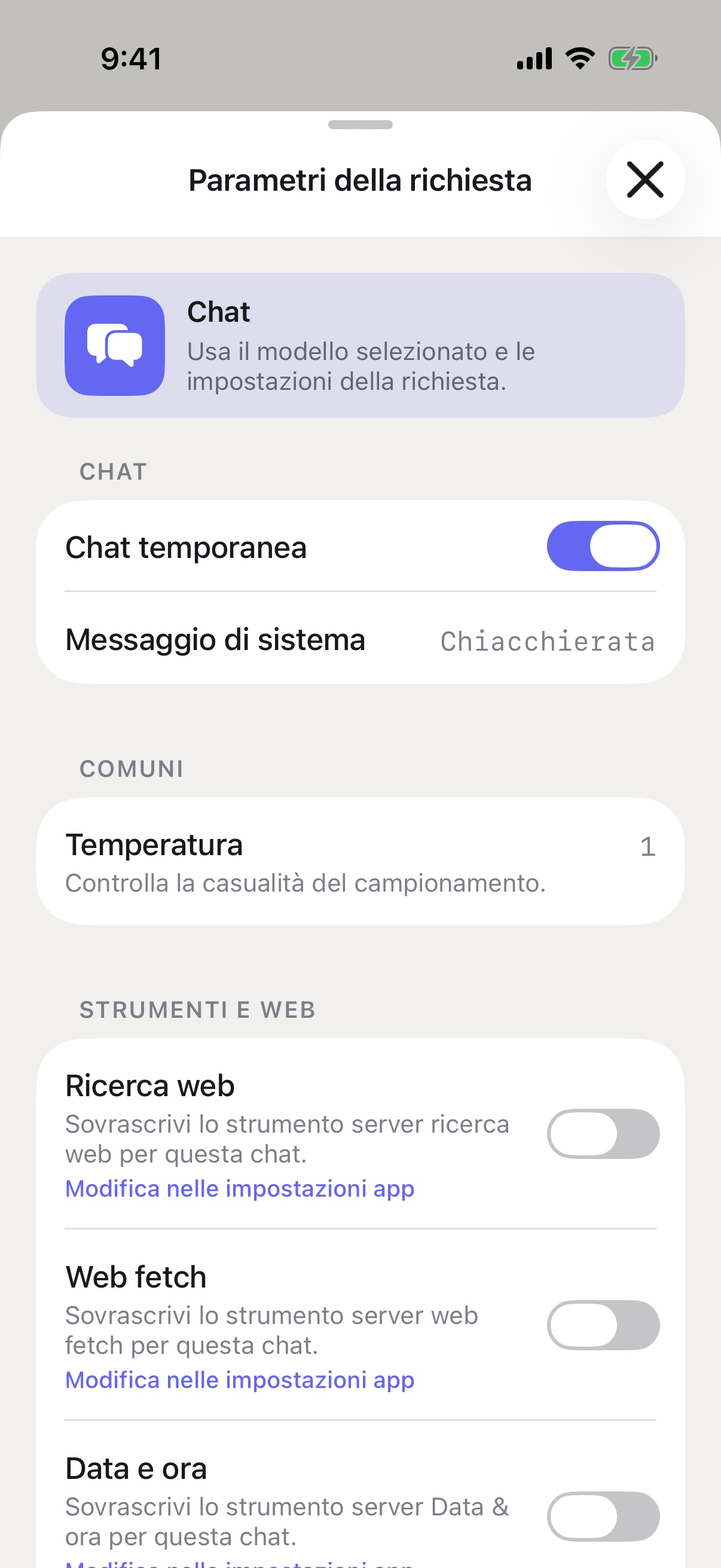 Parametri della richiesta di RouterChat su iPhone con Chat temporanea attiva