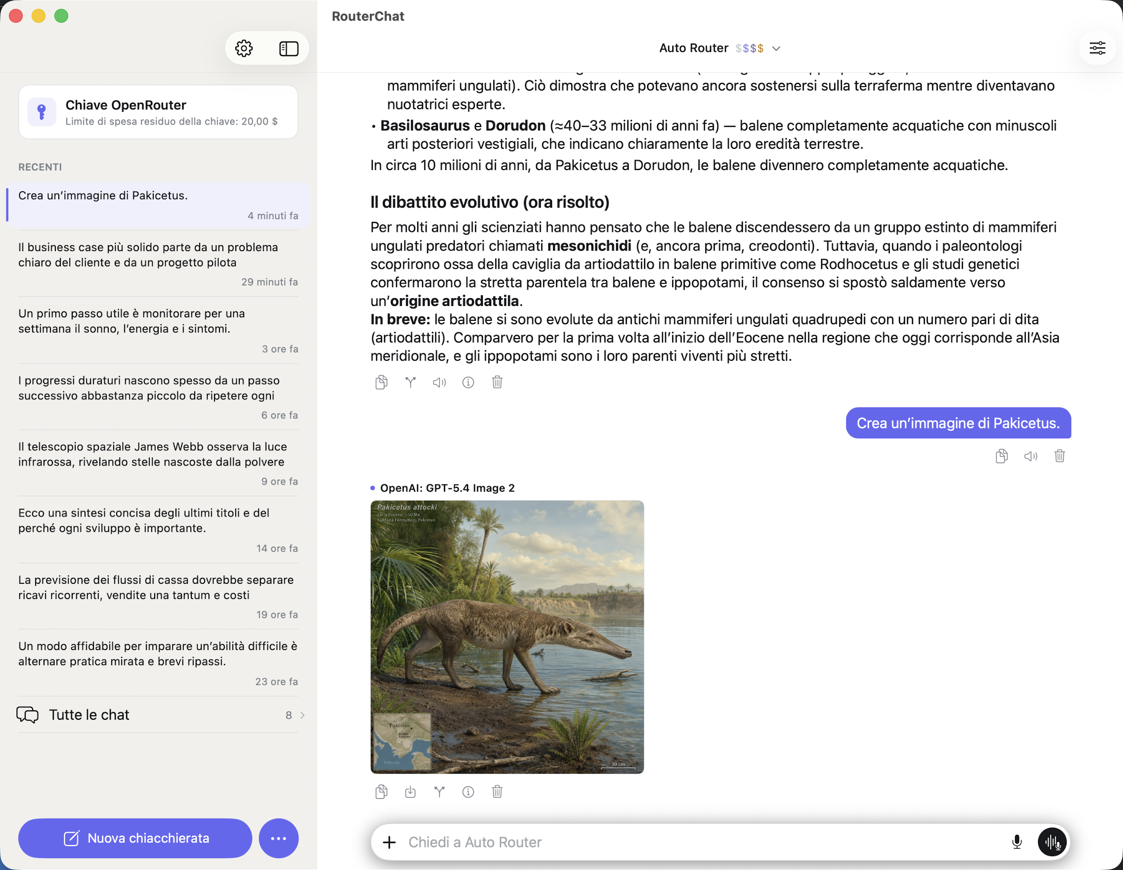 Conversazione di RouterChat sul Mac con chat recenti e un’immagine generata