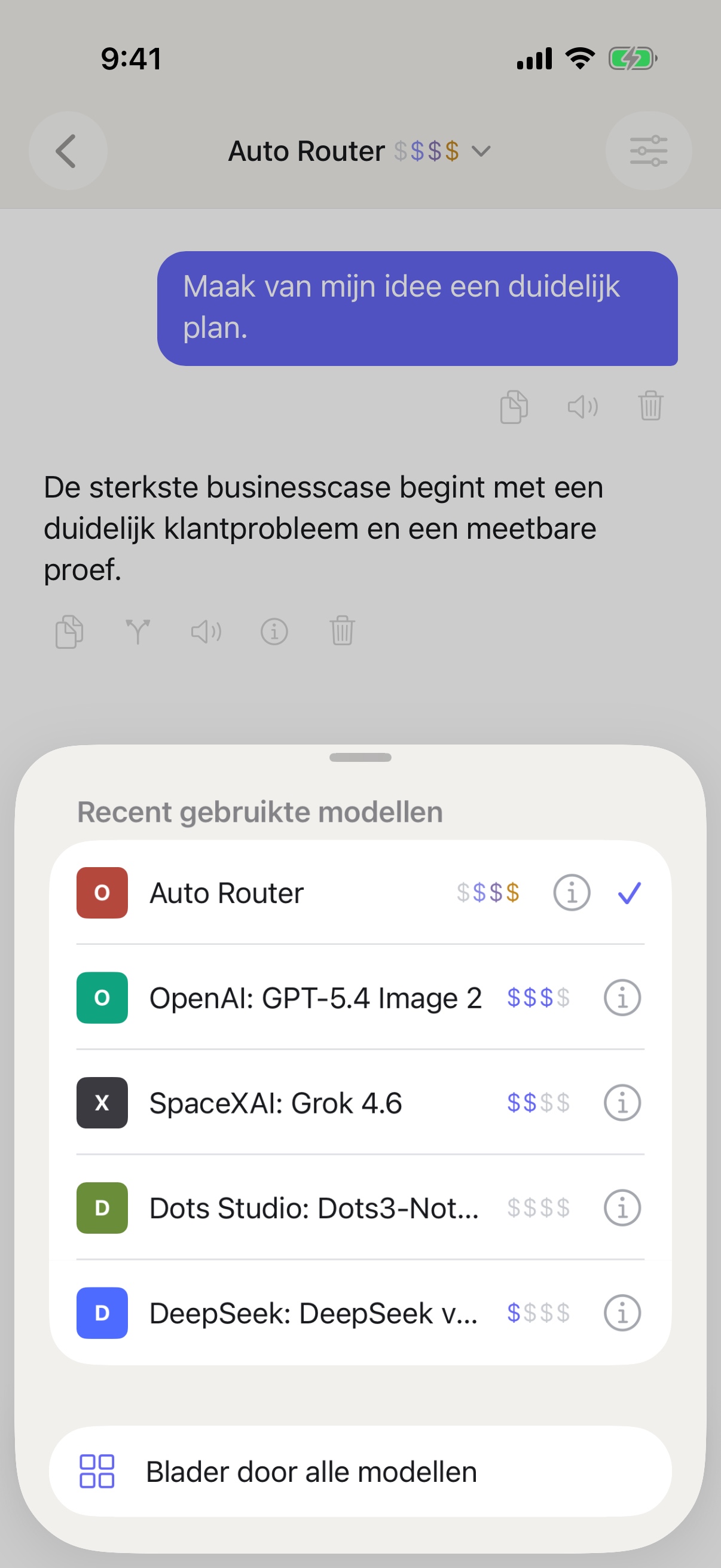 Selector voor recente modellen van RouterChat op iPhone