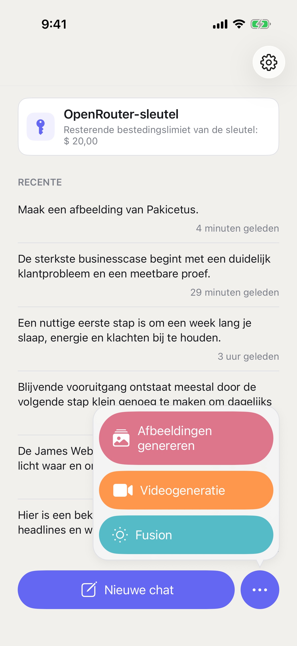 Menu ‘Nieuwe chat’ van RouterChat met de modi Afbeelding genereren, Video genereren en Fusion op iPhone