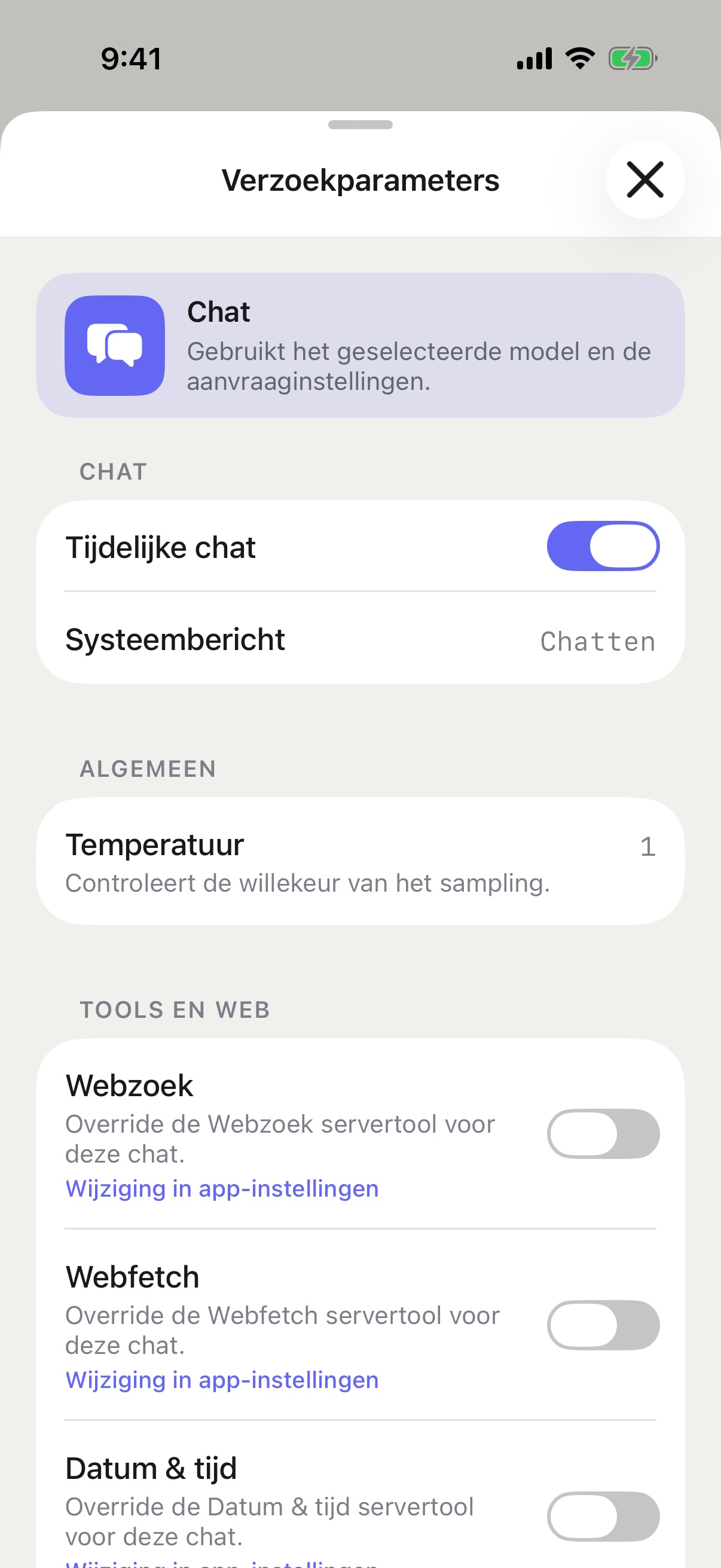 Verzoekparameters van RouterChat op iPhone met Tijdelijke chat ingeschakeld