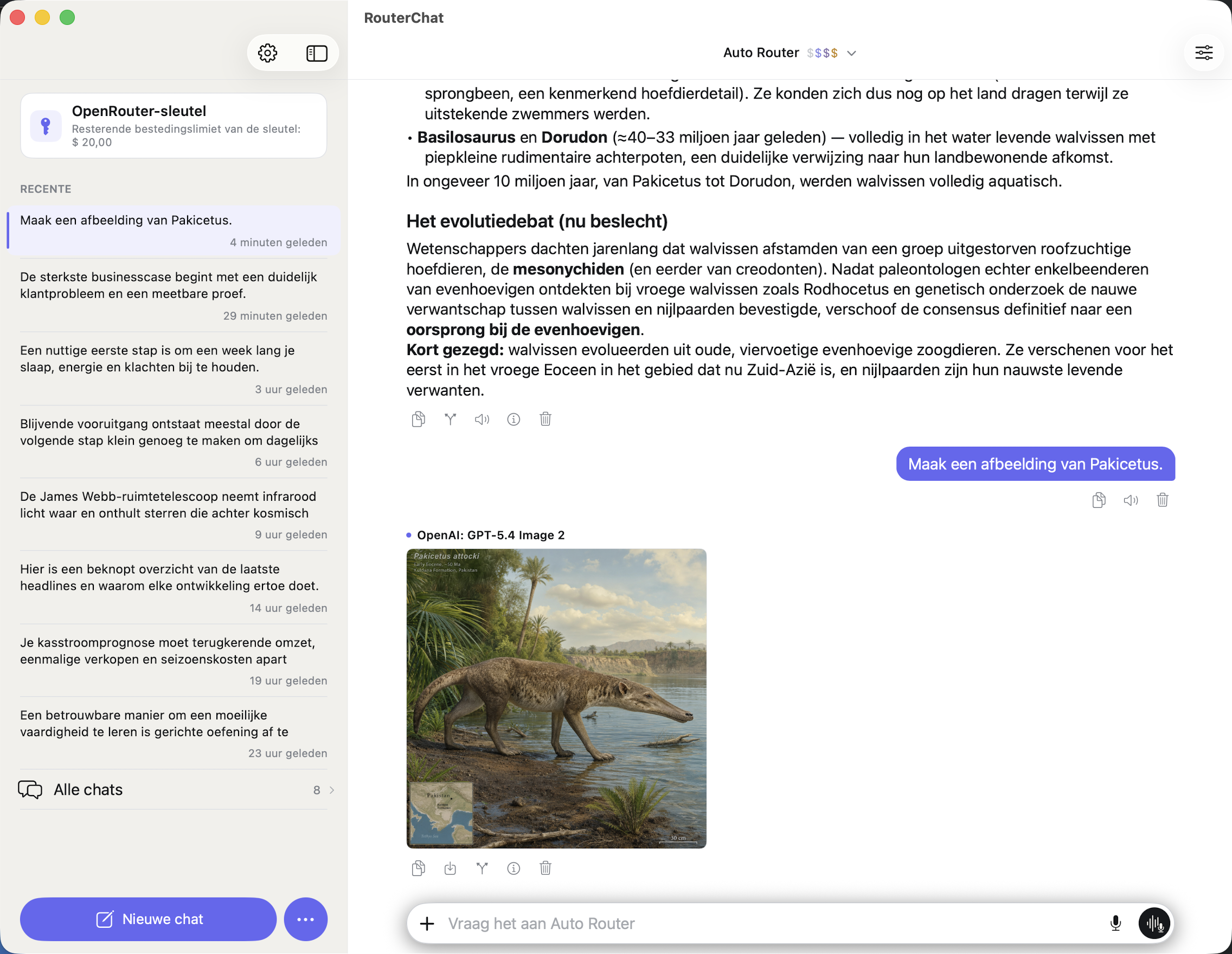 RouterChat-gesprek op de Mac met recente chats en een gegenereerde afbeelding