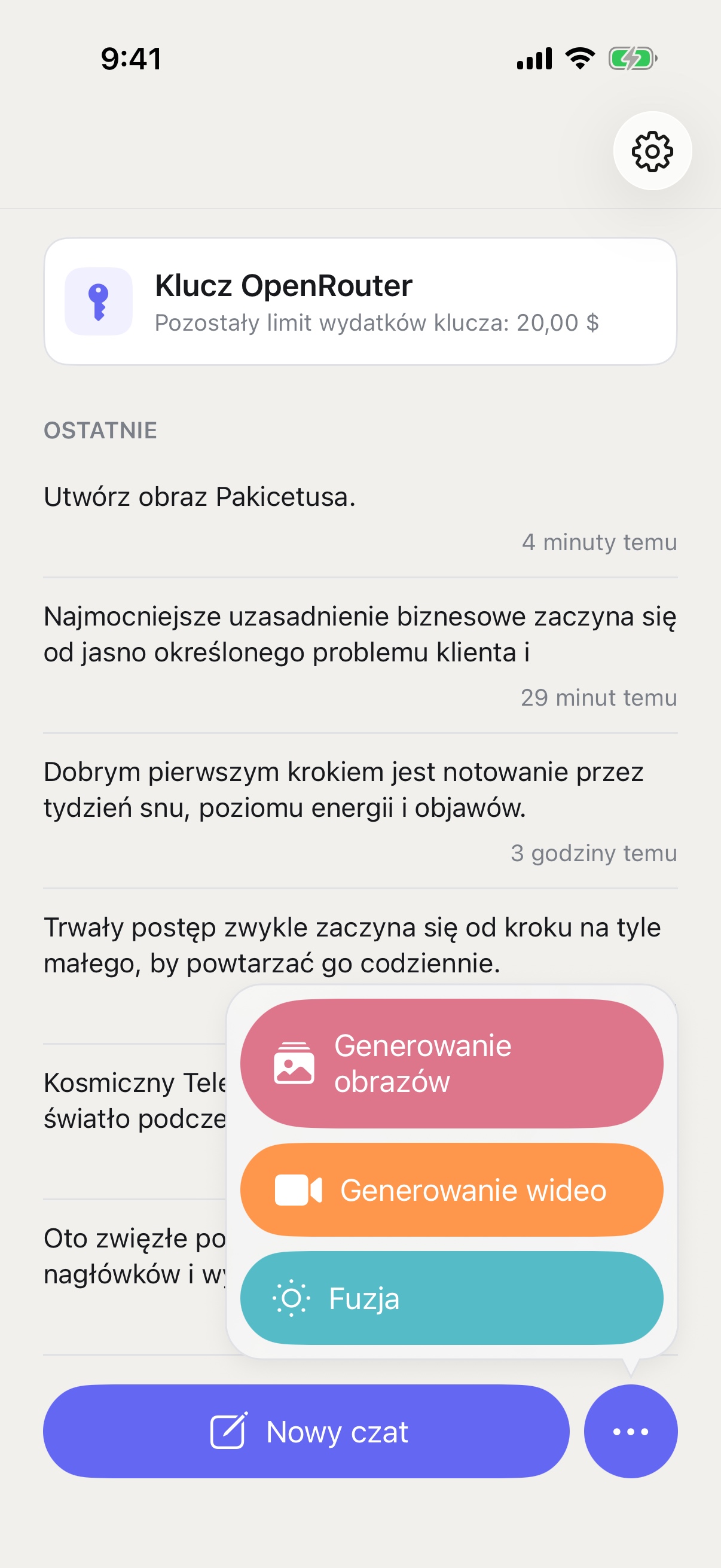 Menu „Nowy czat” RouterChat z trybami generowania obrazów, generowania wideo i Fusion na iPhone