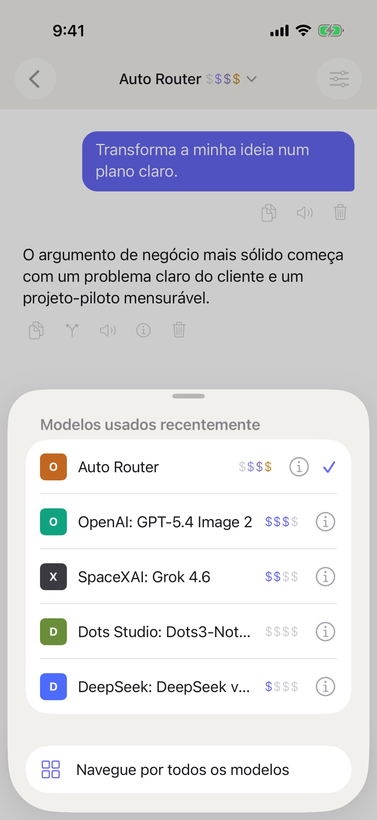 Seletor de modelos recentes do RouterChat no iPhone