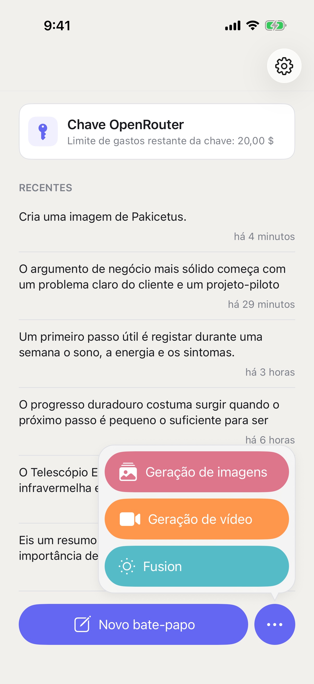 Menu «Nova conversa» do RouterChat com os modos de geração de imagens, geração de vídeo e Fusion no iPhone