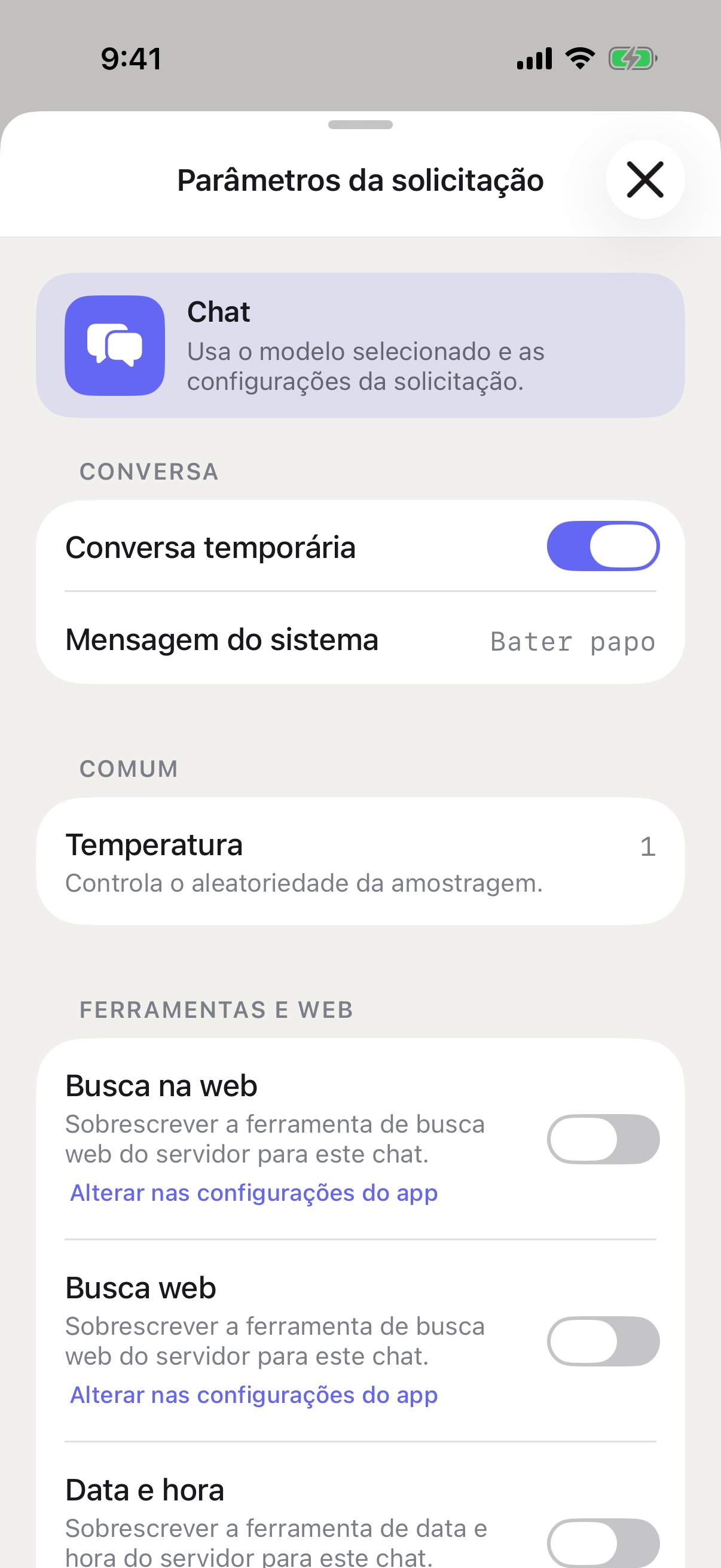 Parâmetros do pedido do RouterChat no iPhone com Conversa temporária ativada