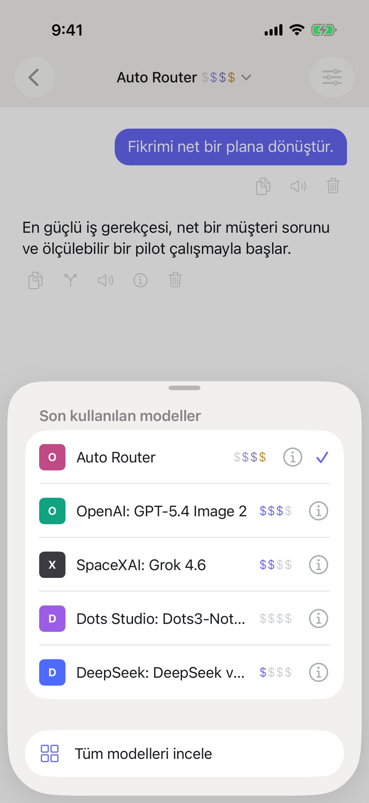 iPhone’da RouterChat’in son kullanılan model seçicisi