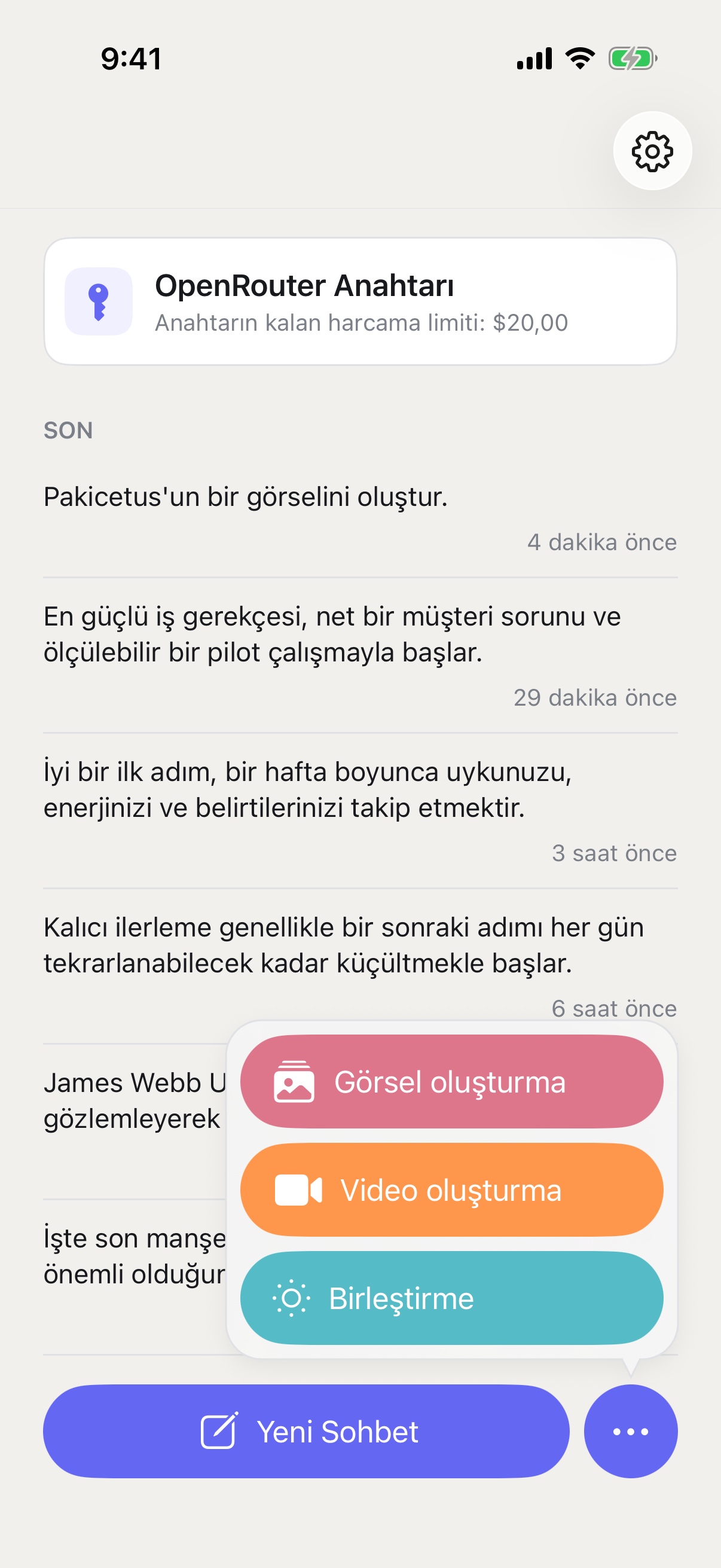 iPhone’da Görsel Oluşturma, Video Oluşturma ve Fusion modlarını gösteren RouterChat Yeni Sohbet menüsü
