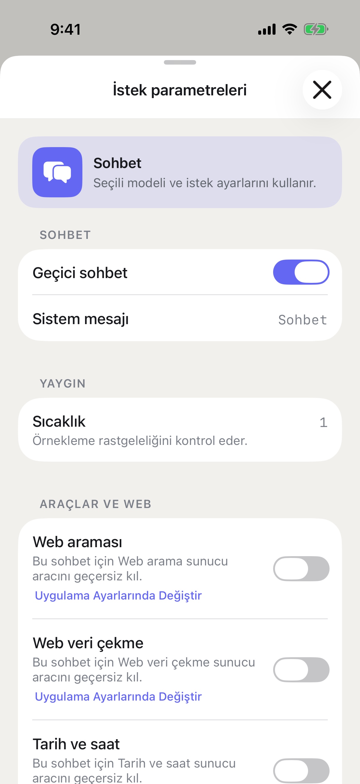 Geçici Sohbet etkinleştirilmiş iPhone’da RouterChat istek parametreleri