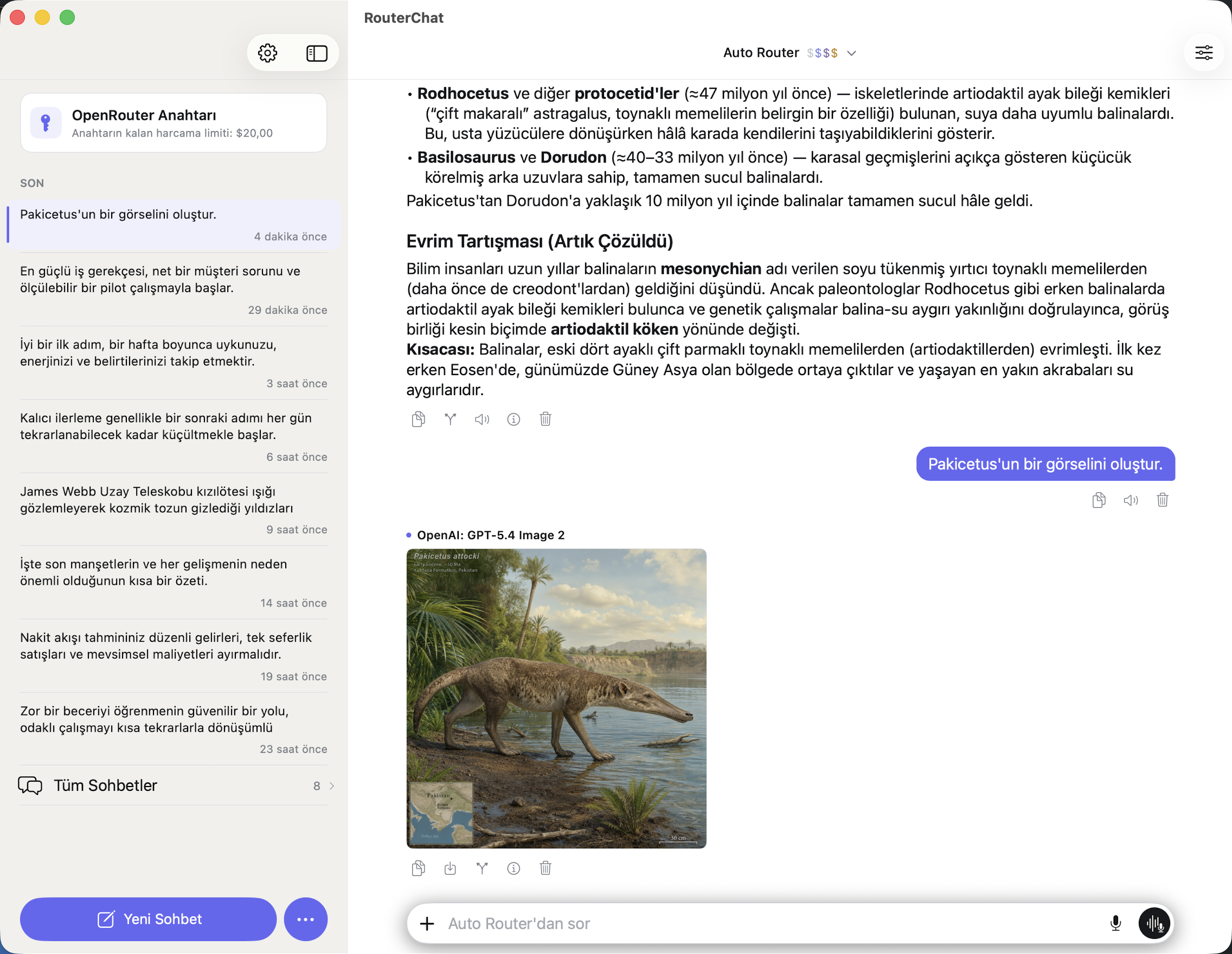 Mac’te son sohbetlerin ve oluşturulan bir görselin bulunduğu RouterChat konuşması