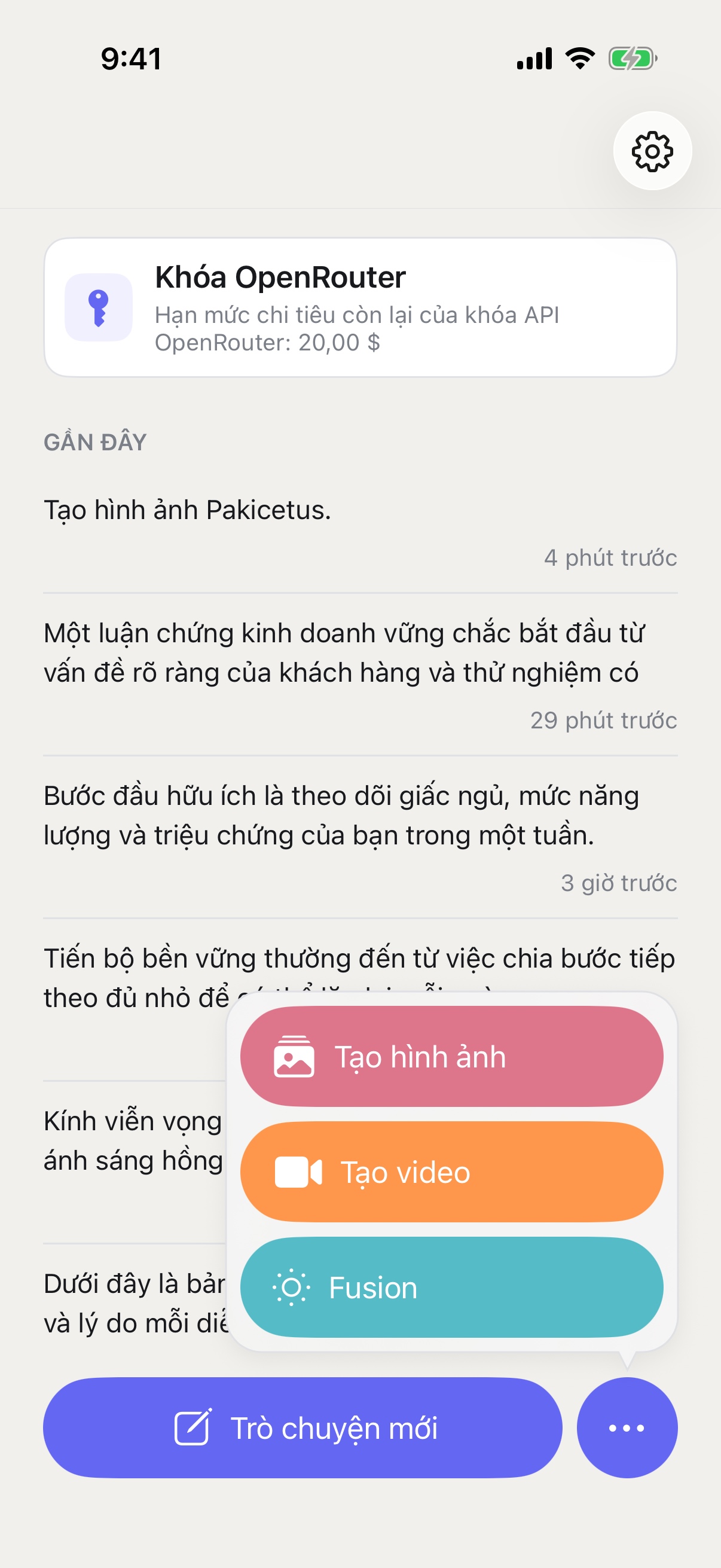 Menu Chat mới của RouterChat trên iPhone hiển thị các chế độ Tạo hình ảnh, Tạo video và Fusion