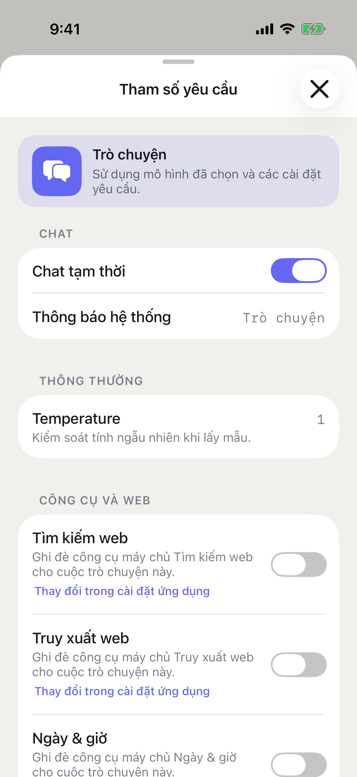 Thông số yêu cầu RouterChat trên iPhone khi bật Chat tạm thời