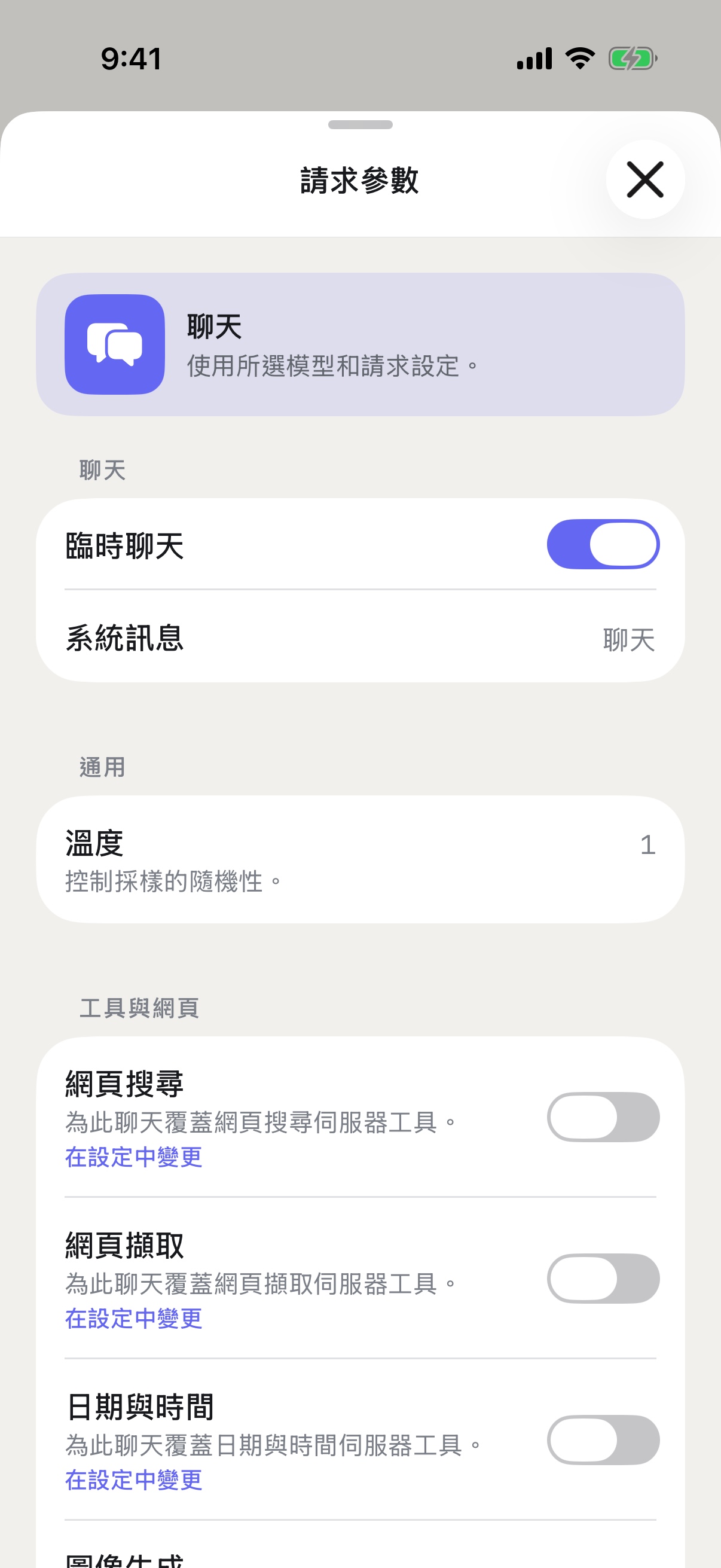 iPhone 上的 RouterChat 請求參數，已啟用暫時聊天