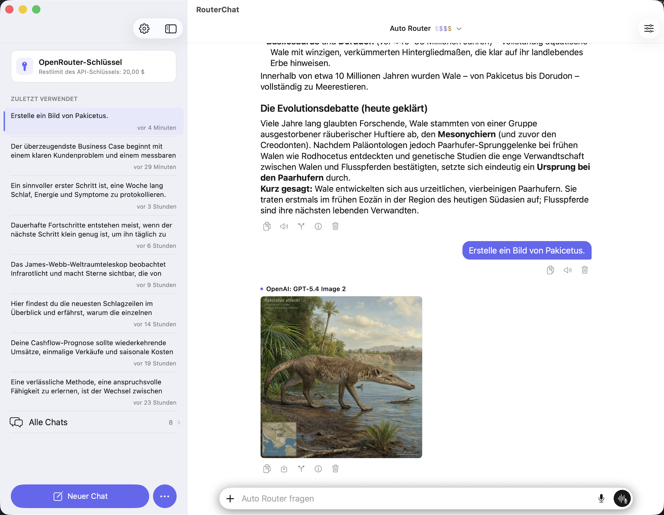 RouterChat-Unterhaltung auf dem Mac mit den letzten Chats und einem generierten Bild