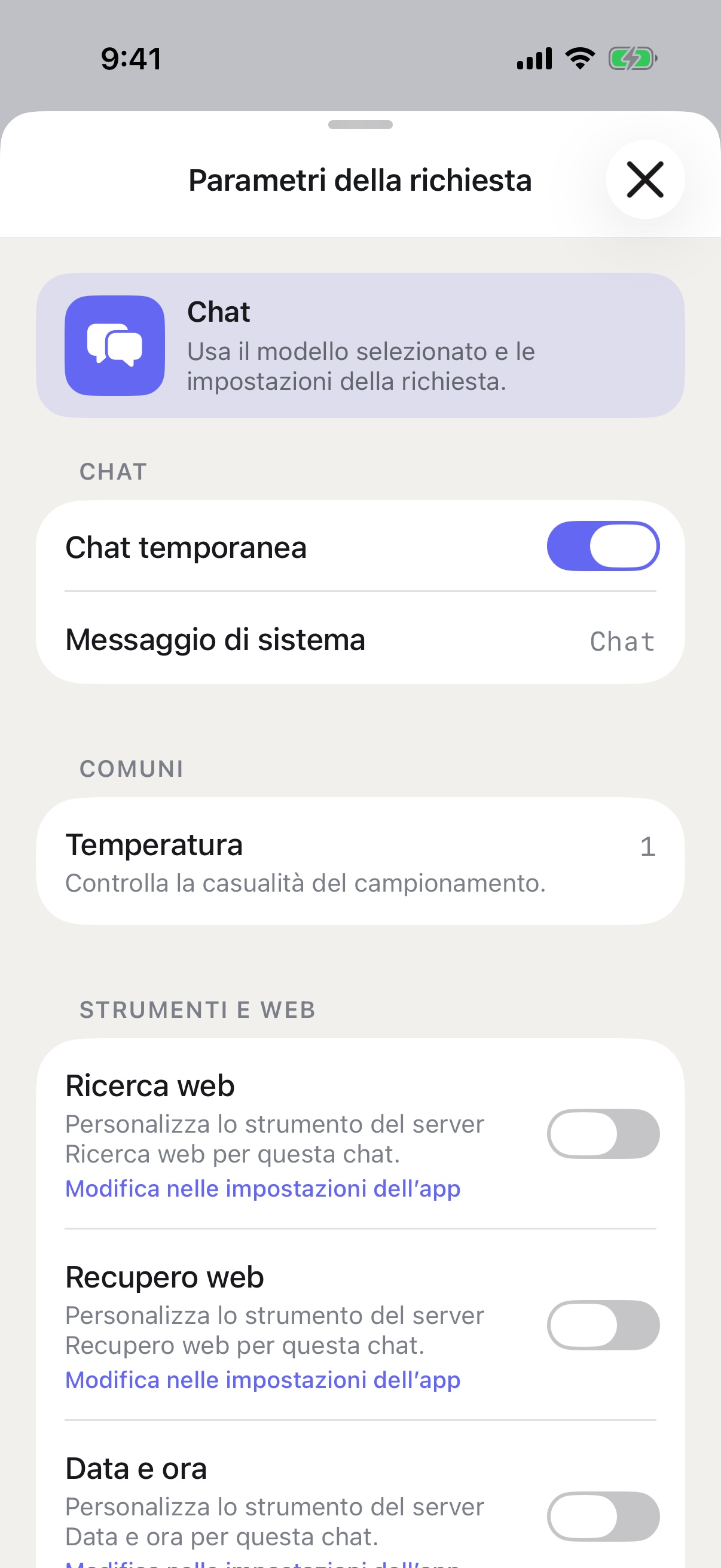 Parametri della richiesta di RouterChat su iPhone con Chat temporanea attiva